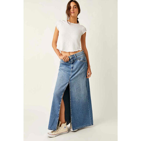 Free People x We the Free - Women's Blue Denim Maxi Skirt with Slit, Size 8 - Picture 1 of 12